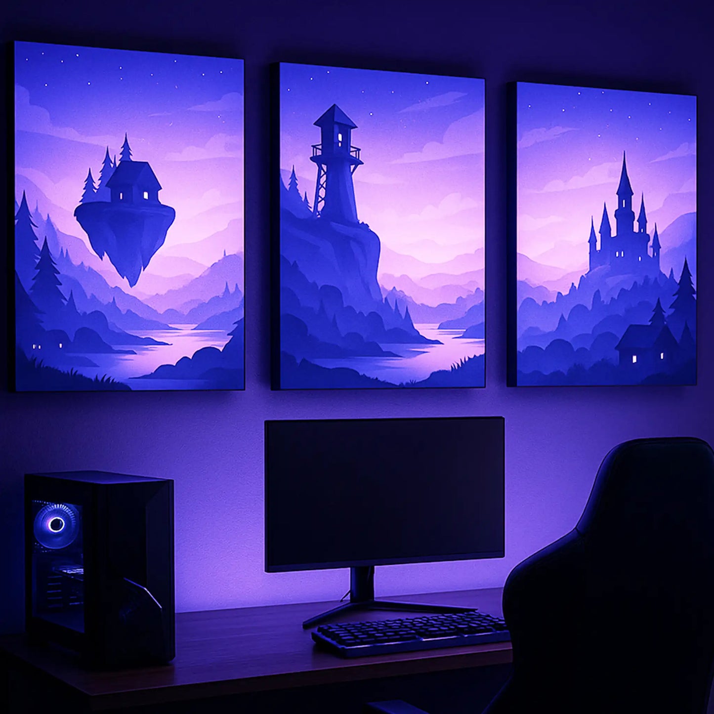 Hochformatige Leuchtkästen mit Wandmontage. Szenerie: Lila Gaming Raum, Motiv: Träumerische lila Landschaften