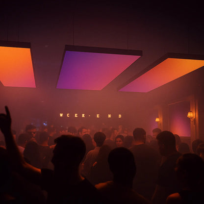 Mehrere querformatige Leuchtkästen mit Deckenaufhängung, Szenerie: belebter Club