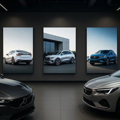 Hochformatige Leuchtkästen mit Wandmontage. Szenerie: Auto Showroom, Motiv: Autos