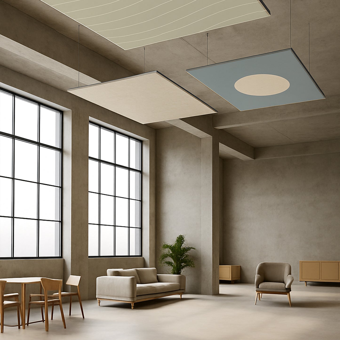 Mehrere Textilspannrahmen mit Deckenaufhängung, Szenerie: Warteraum in Grautönen