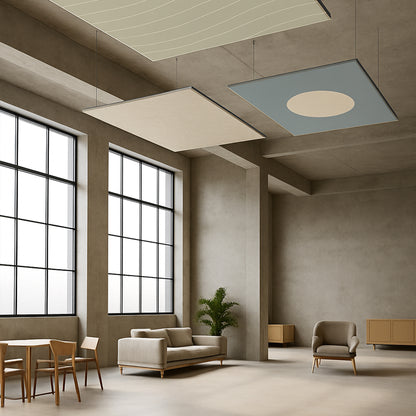 Mehrere Textilspannrahmen mit Deckenaufhängung, Szenerie: Warteraum in Grautönen